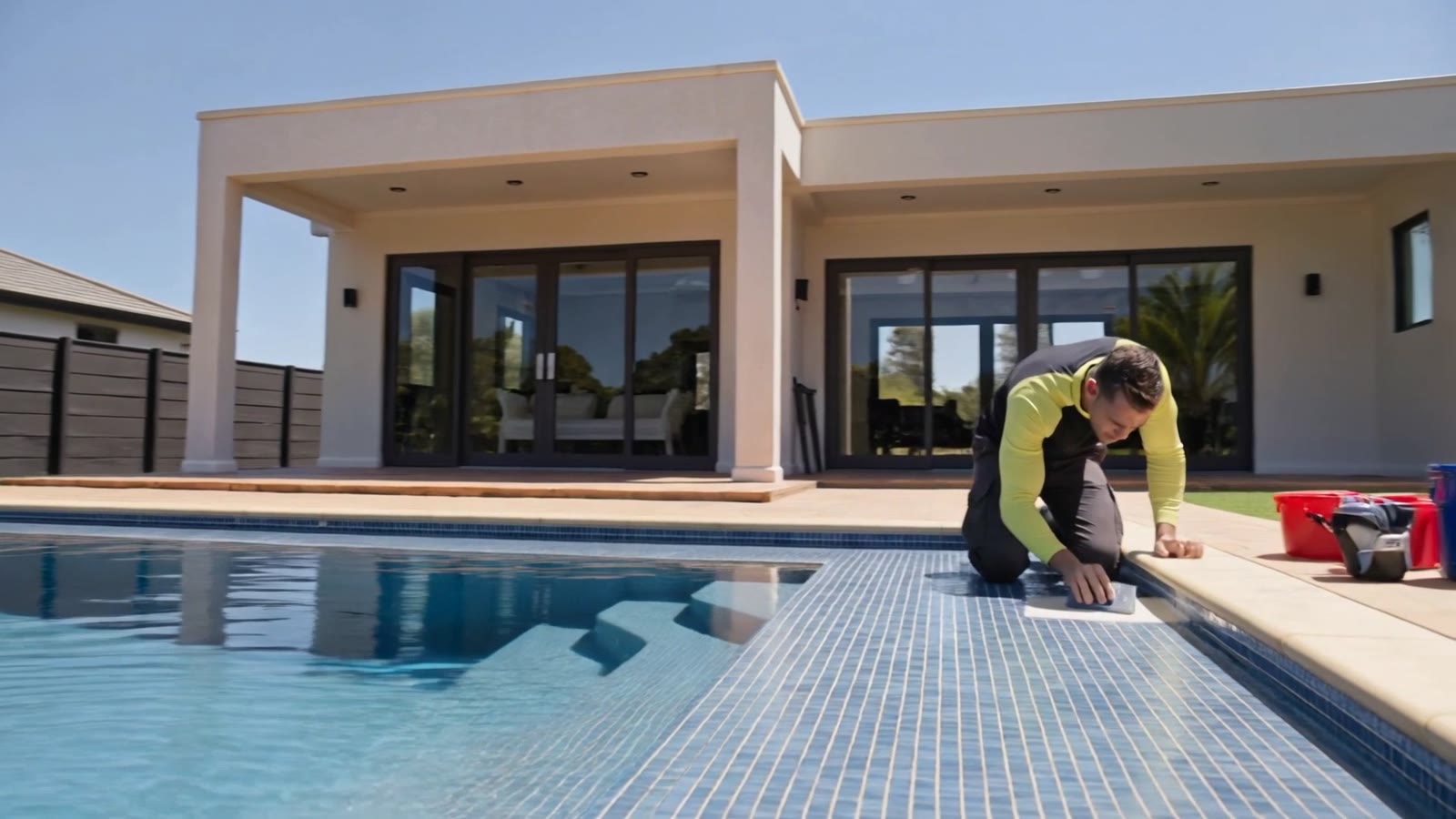 Pool technician working on the tiled edge of a swimming pool at a private home